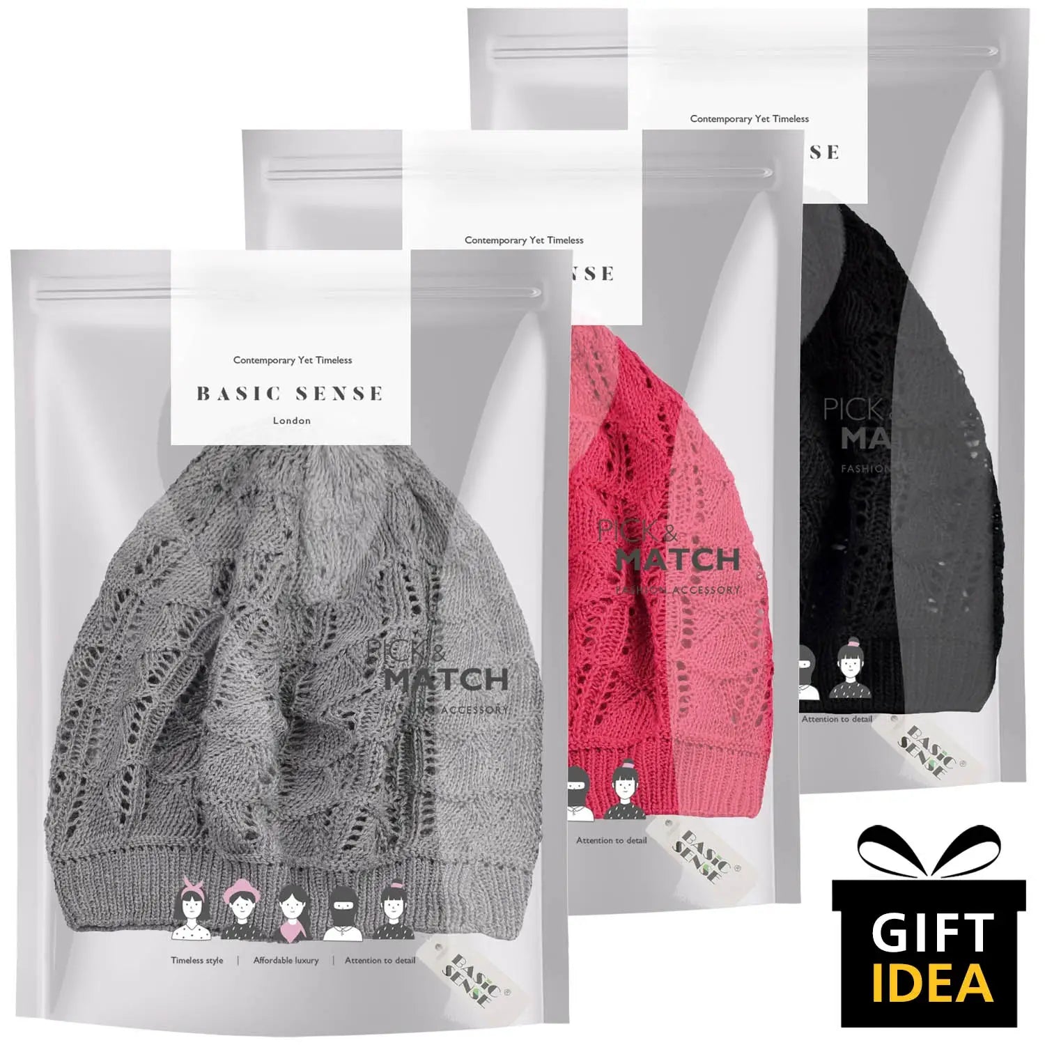 Three tea bags with logo on them on Women’s Triangle Design Knitted Crochet Beanie Hat.