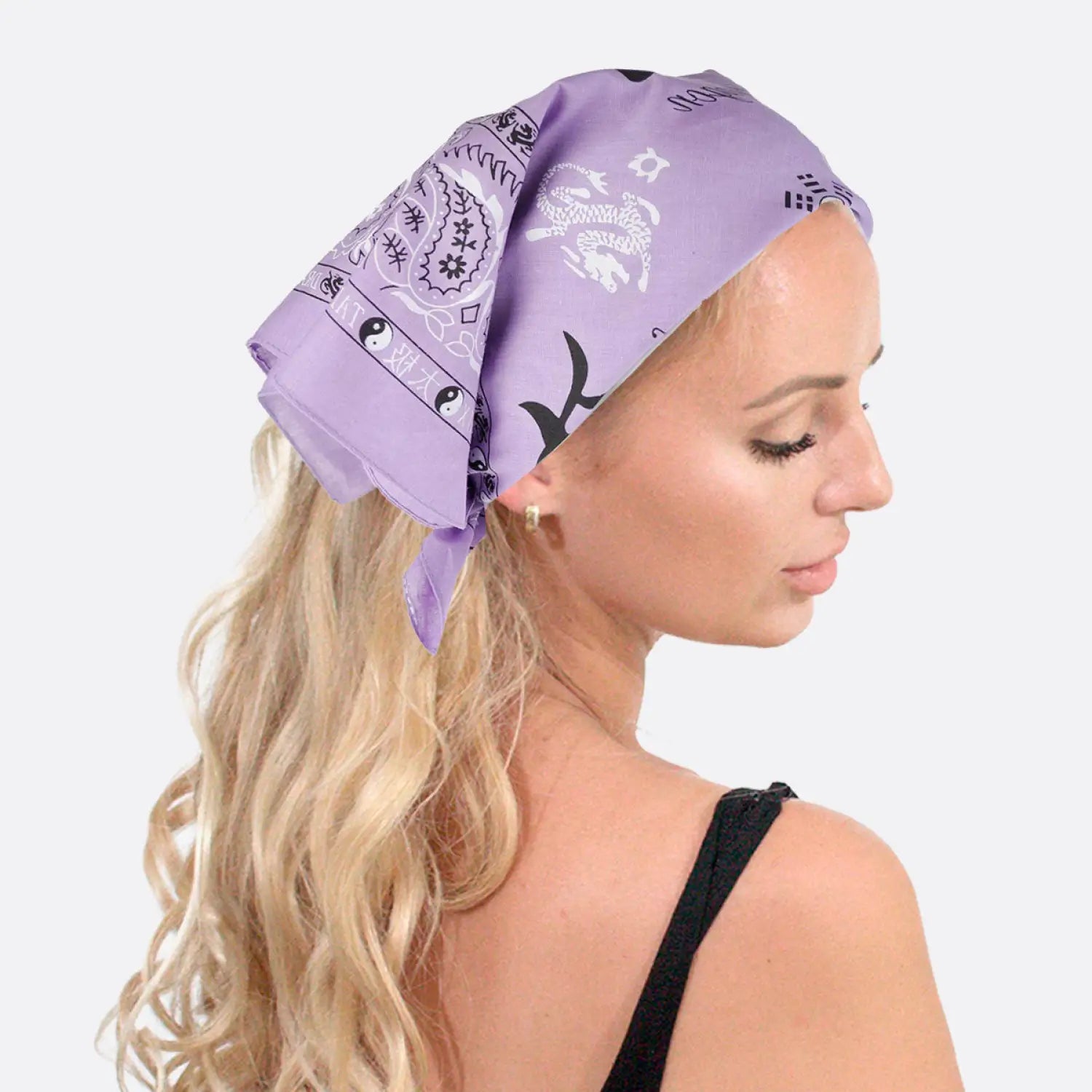 Woman wearing purple bandana with paisley print, 100% cotton fabric