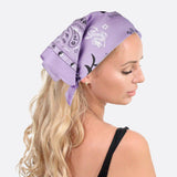 Woman wearing purple bandana with paisley print, 100% cotton fabric