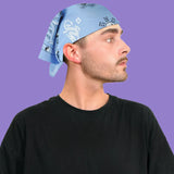 Ying & Yang Paisley Print Square Bandana in 100% Cotton - Blue skull bandana worn by rugged man