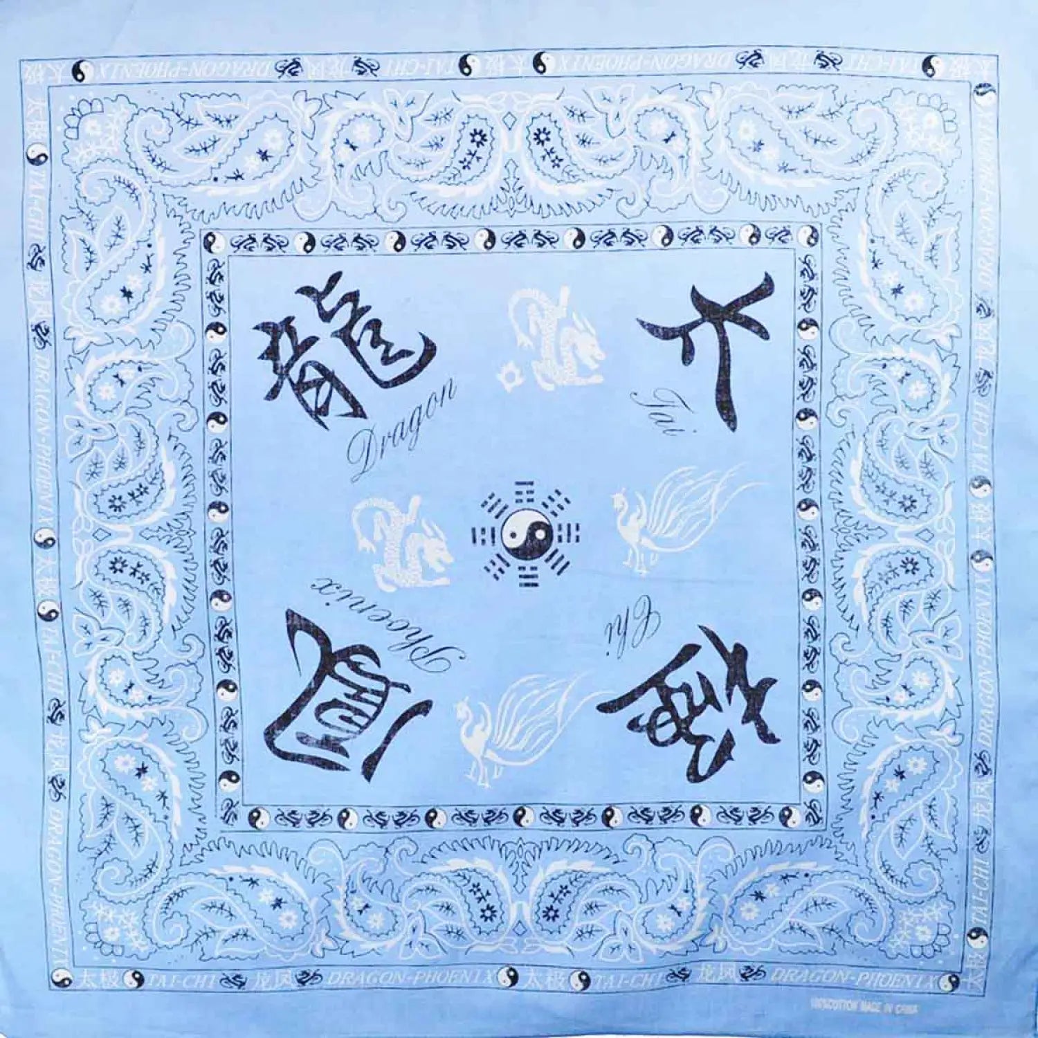 Blue silk scarf with black and white yang paisley print designs
