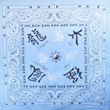 Blue silk scarf with black and white yang paisley print designs
