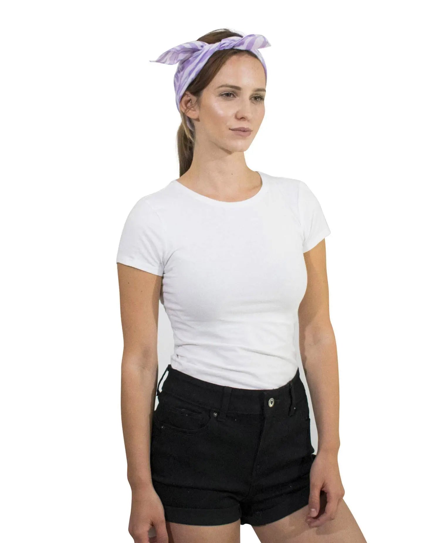 Woman wearing zebra print multifunctional bandana in cotton.