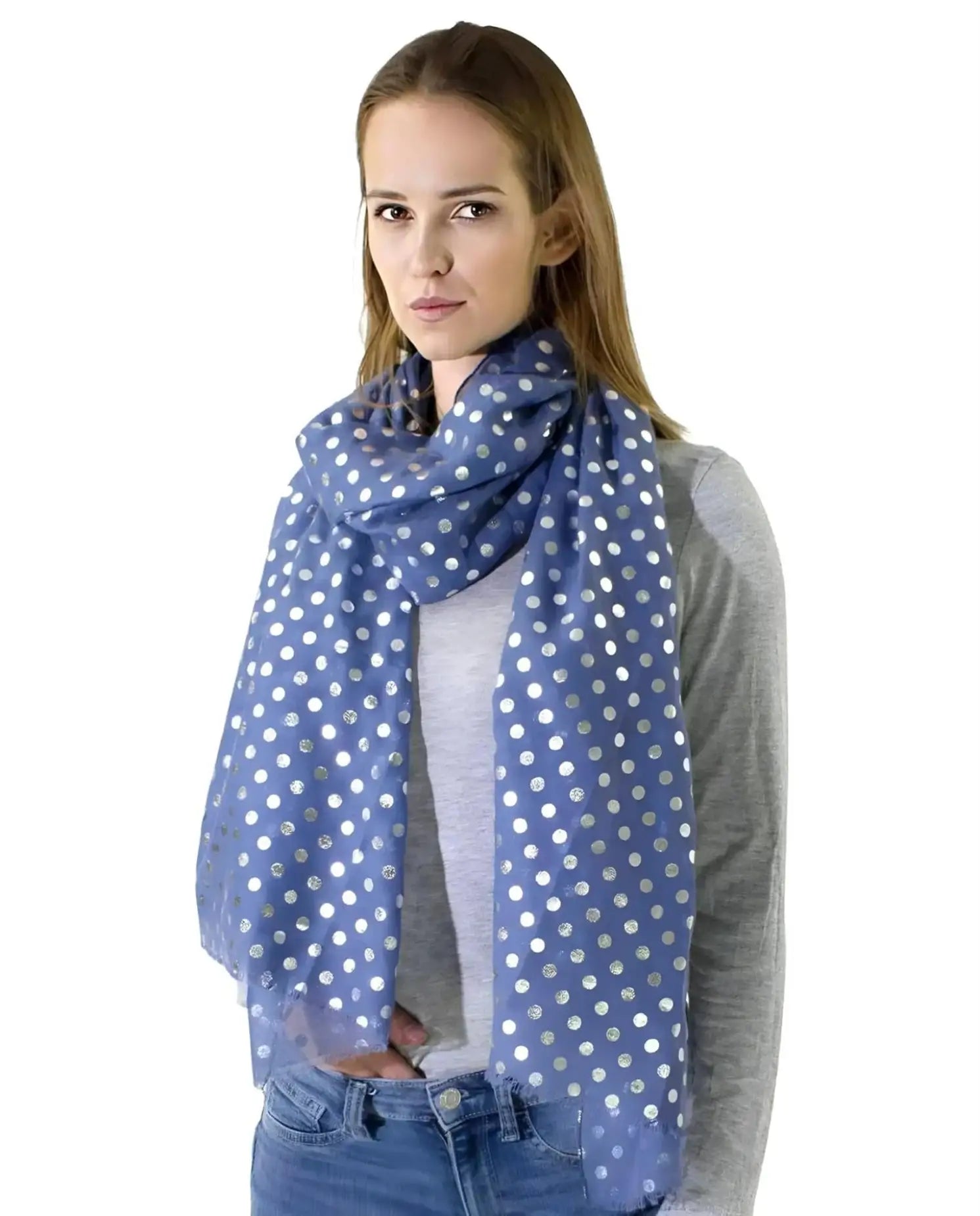 SALE Polka Dot Scarf, Oversized Viscose Retro Foil Dot Print Shawl, Scarves, Blue