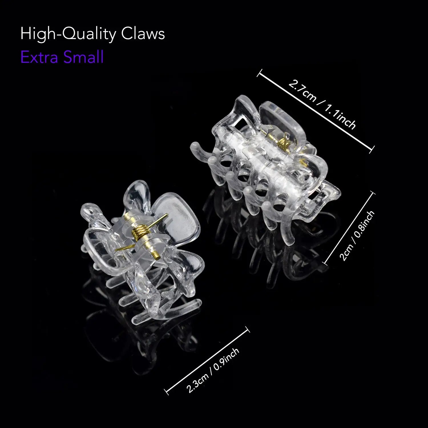 Clear glass ear plugs with gold accents displayed in Essential Hair claw clips set.