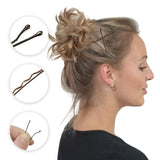 Woman wearing hair clips from 120pc Wavy Kirby Metal Bobby Hair Pins Clips