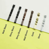 Colorful pens on yellow bg, wavy kirby metal hair pins clip product.