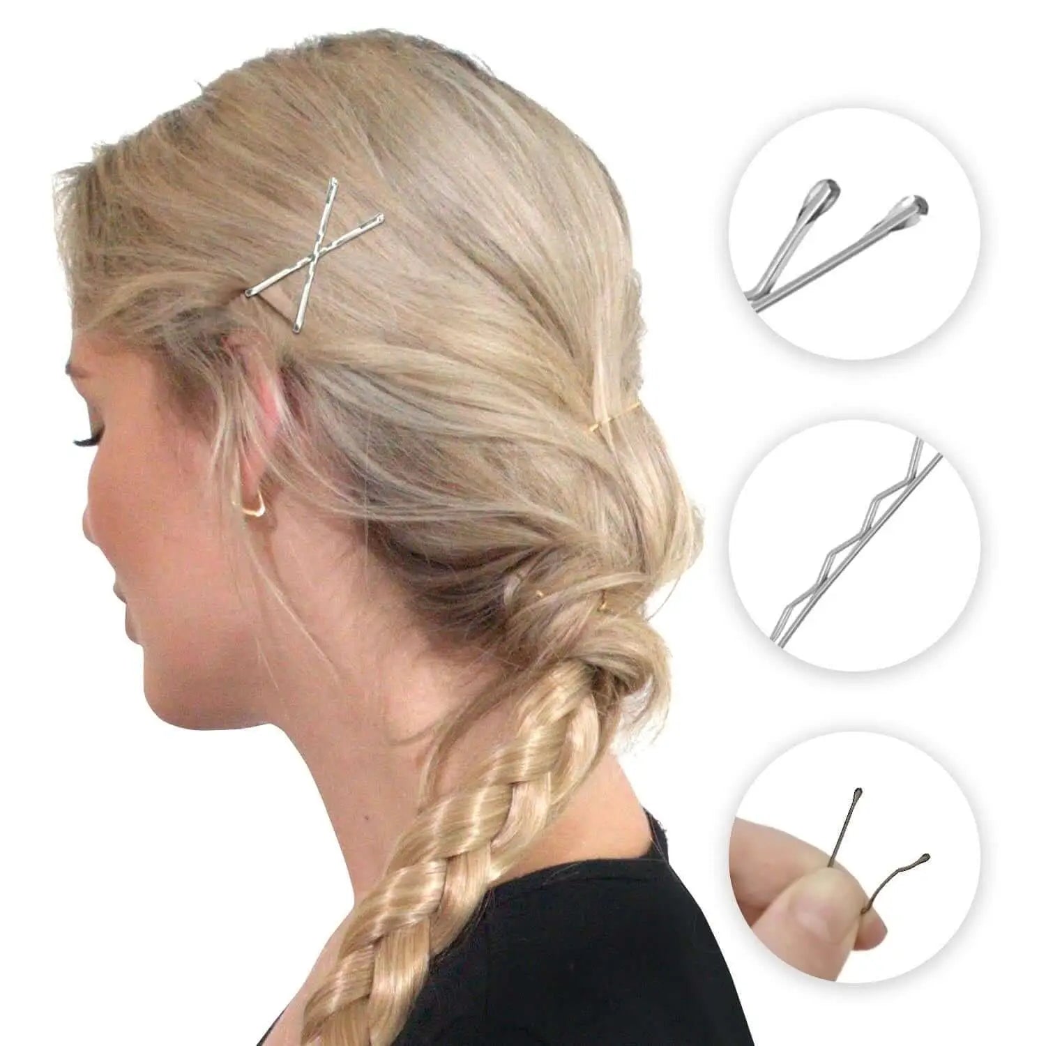 Woman with long hair cutting with scissors, featuring 120pc Wavy Kirby Metal Bobby Hair Pins Clips.