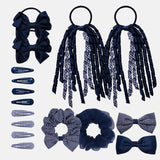 Gingham check school girl hair accessories set with hair ties and bows.