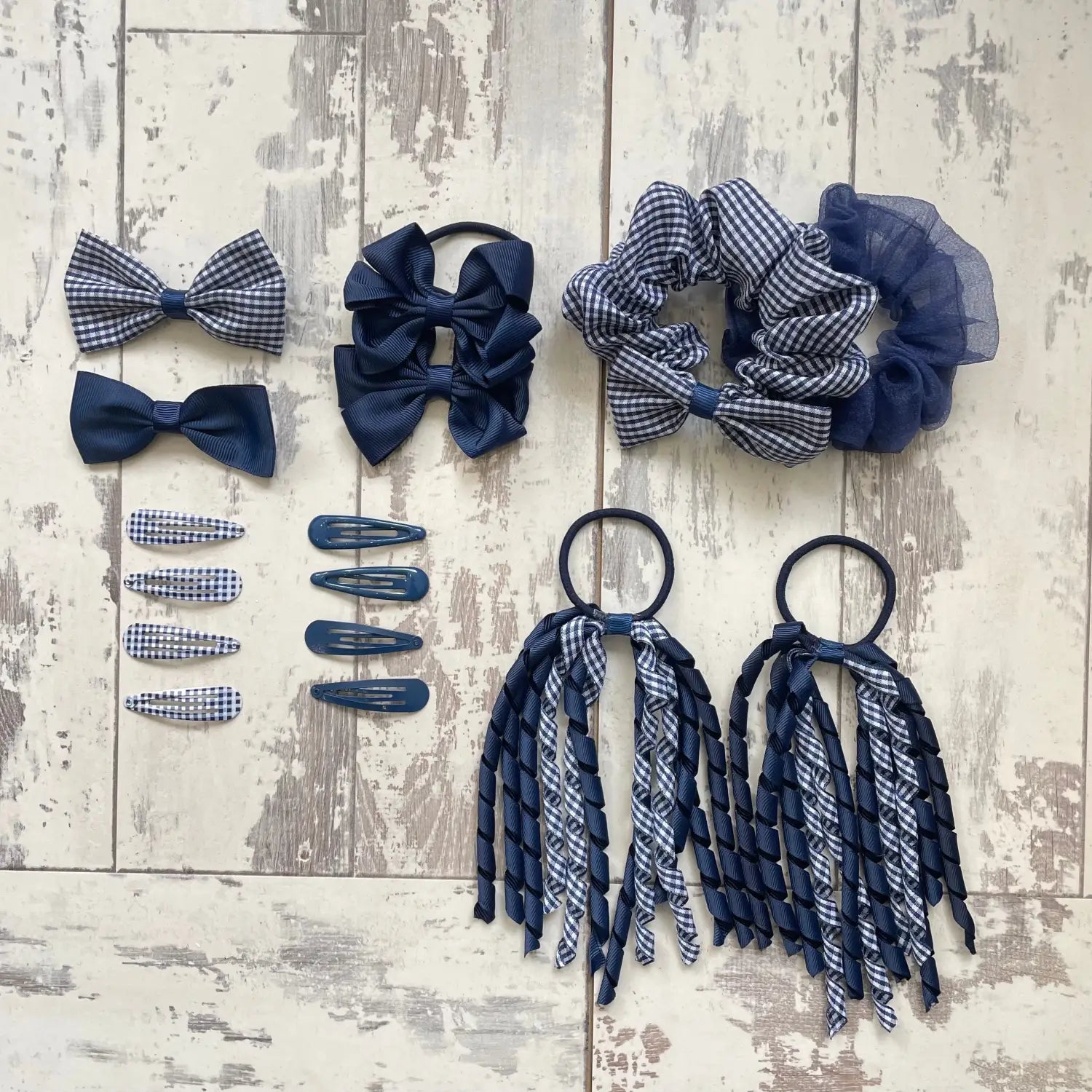 Navy gingham bow hair clips in 16PCS Gingham Check School Girl Hair Accessories Set.