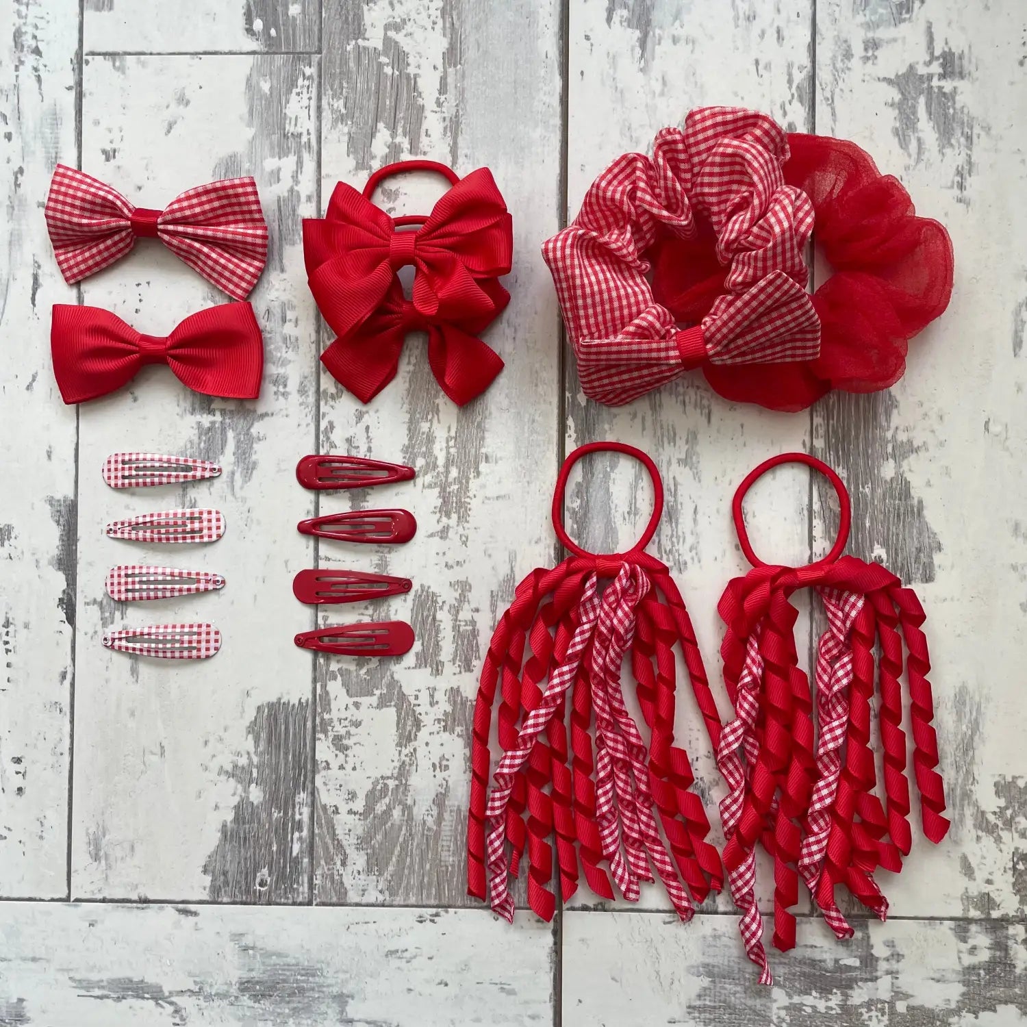 Red gingham hair bow set displayed in 16PCS Gingham Check School Girl Hair Accessories Set.