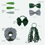 Green gingham check school girl hair accessory set with bow ties