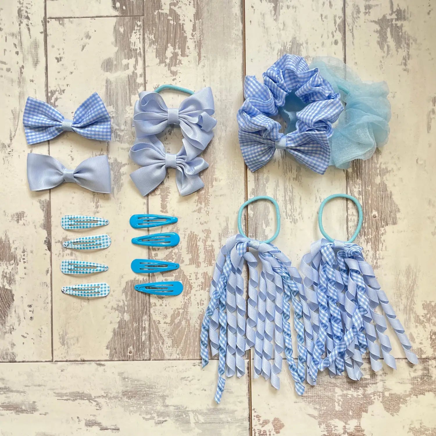 Blue and white gingham check school girl hair bows in 16PCS set.