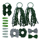 Green and white gingham check school girl hair accessories set with bows and ties