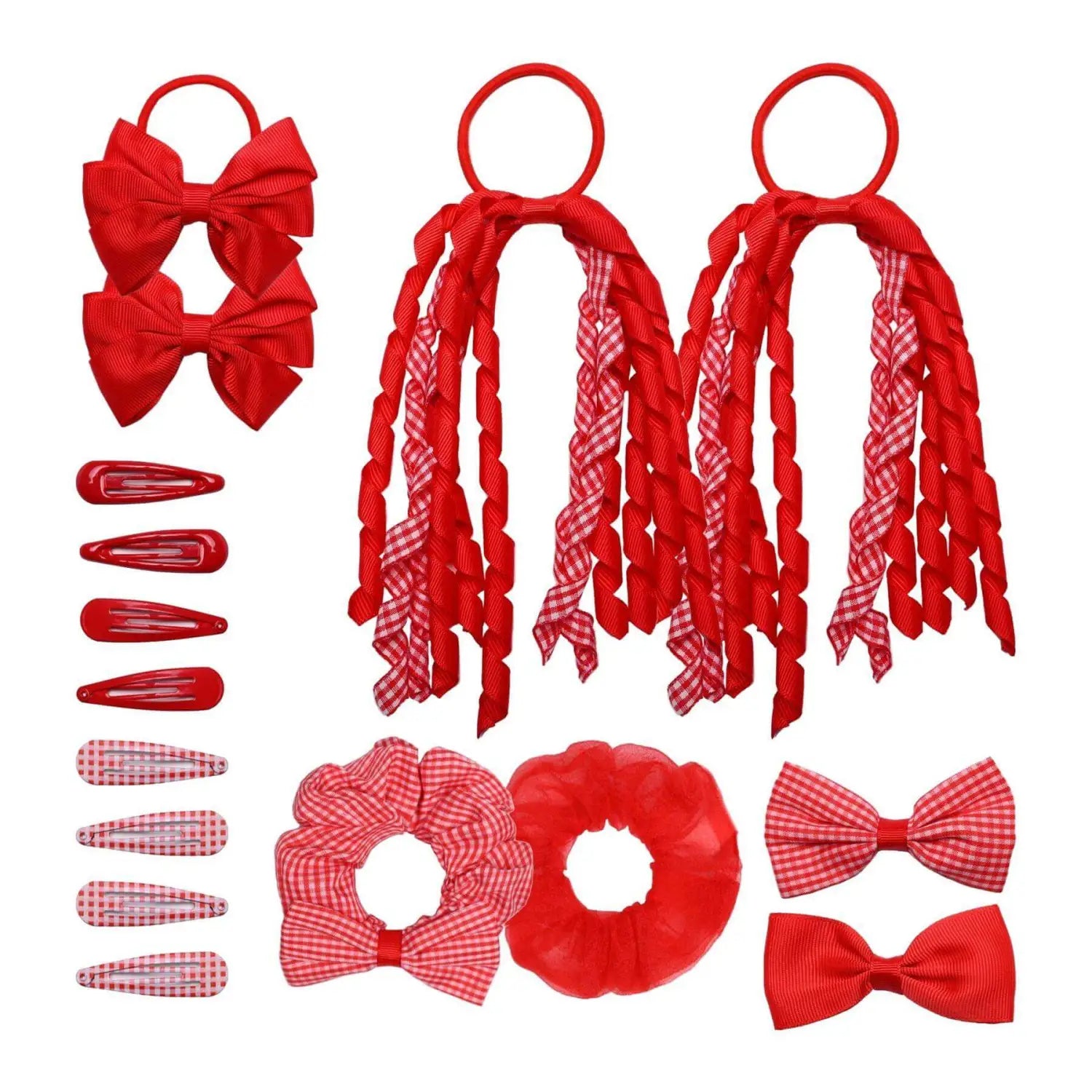 Red and white gingham check school girl hair clips from 16PCS hair accessories set.