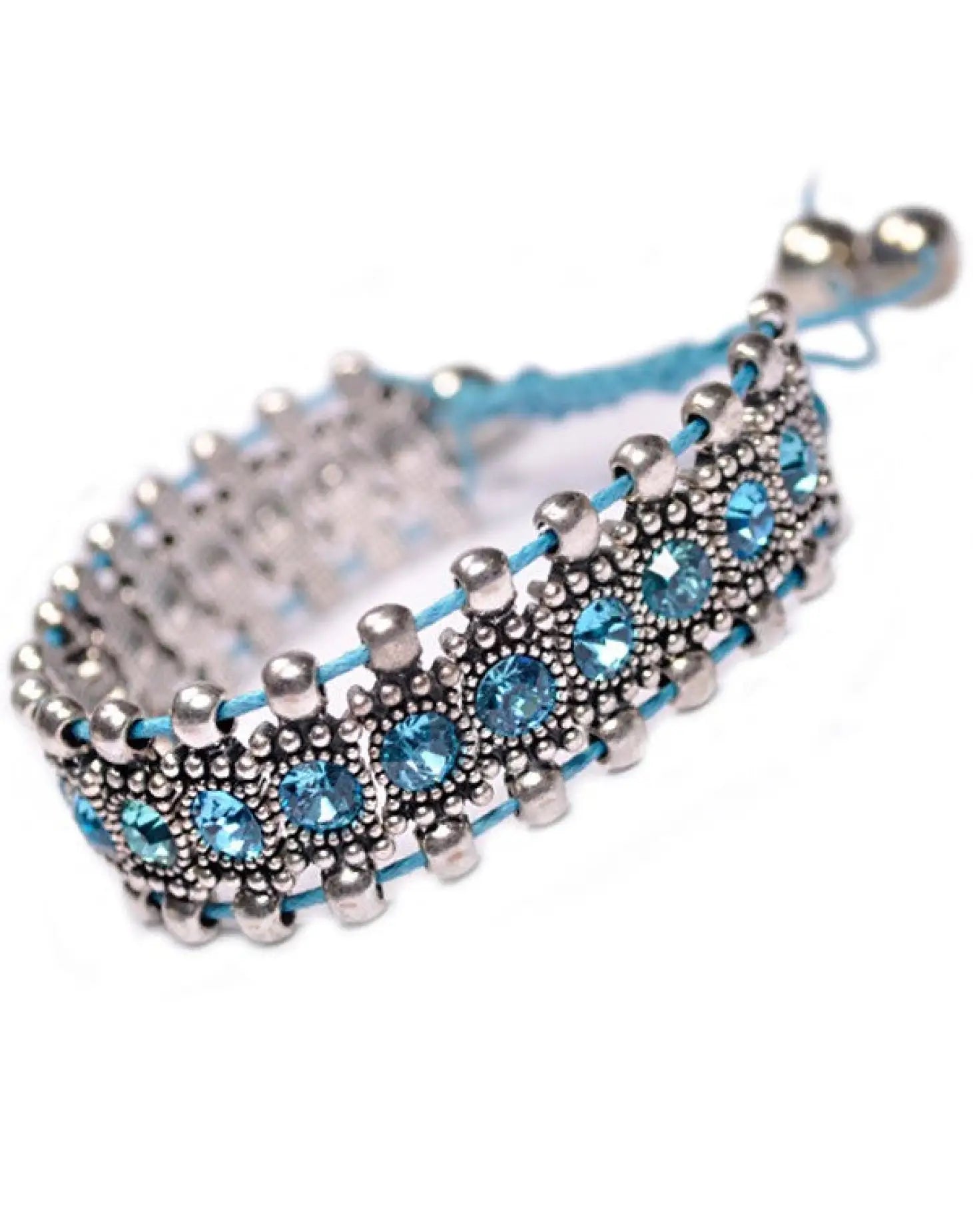 Blue beaded boho rhinestone bracelet with elastic beads.