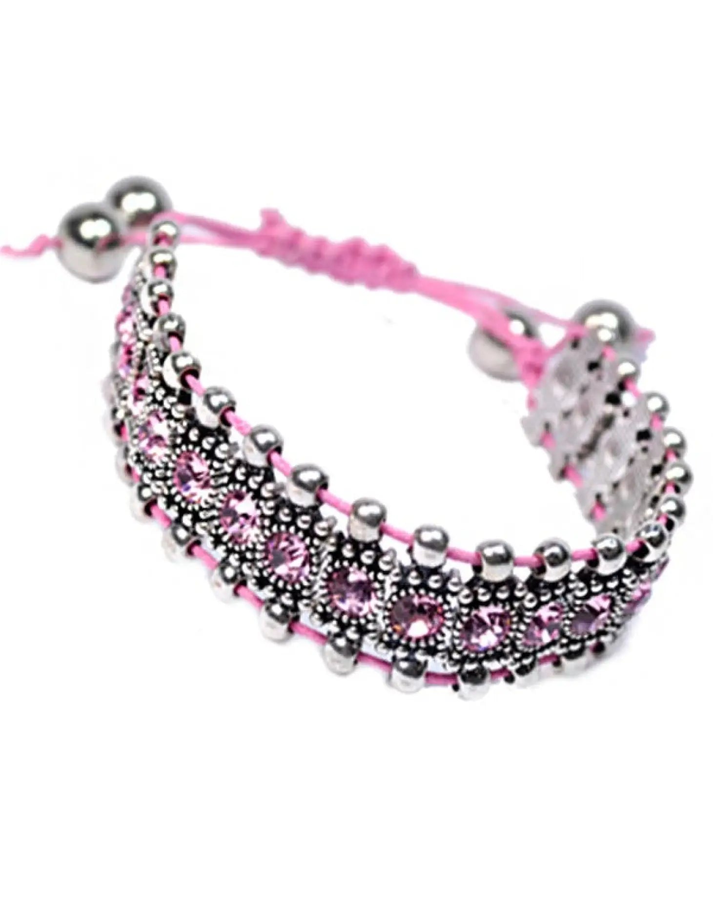 Pink and silver beaded elastic bracelet from 2 Pack Boho Rhinestone Sterling Elastic Bead Bracelets.