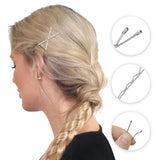 Metal bobby hair pins for styling with woman holding hair clip and scissors.