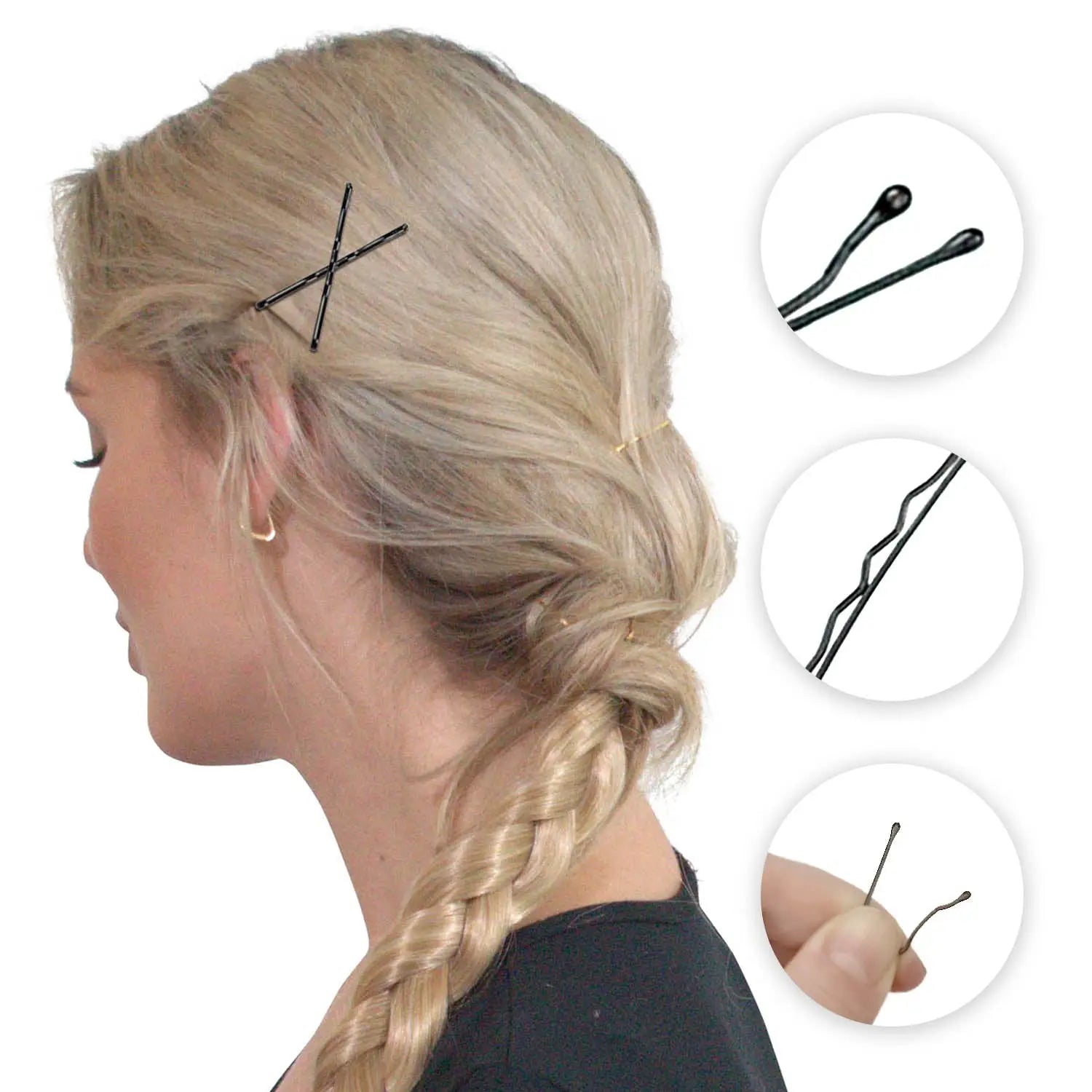 Metal bobby hair pins for styling and hold - woman with black hair clip and scissors