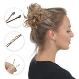 Metal bobby hair pins for hold & style, woman with hair clip and scissors