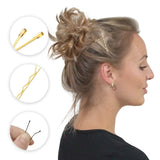 Metal bobby hair pins for styling with woman holding scissors and hair clip