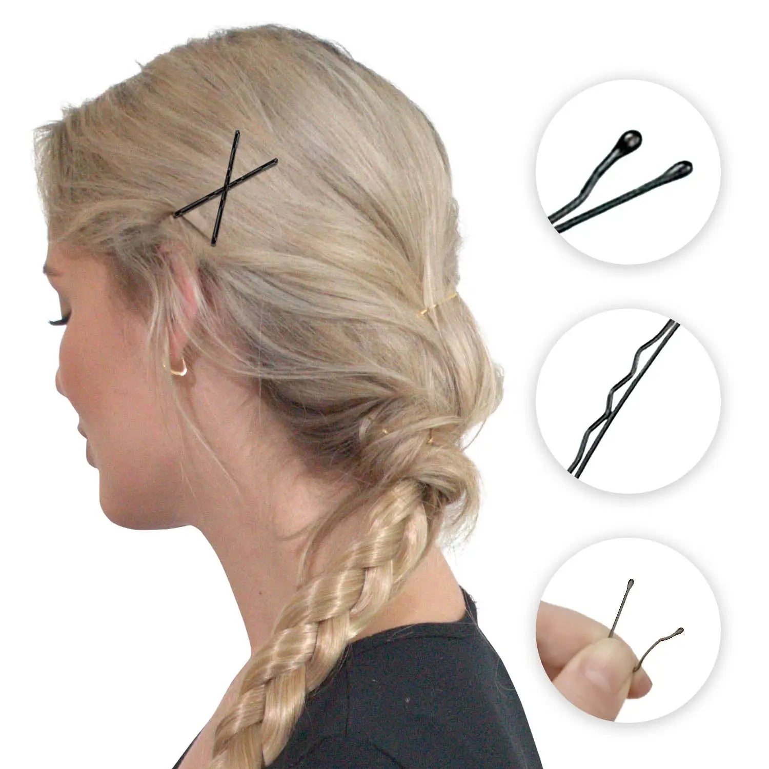 Metal bobby hair pins for styling - woman with scissors and hair clip