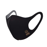 Black face mask with gold logo, 3D Copper-Infused for stylish protection.