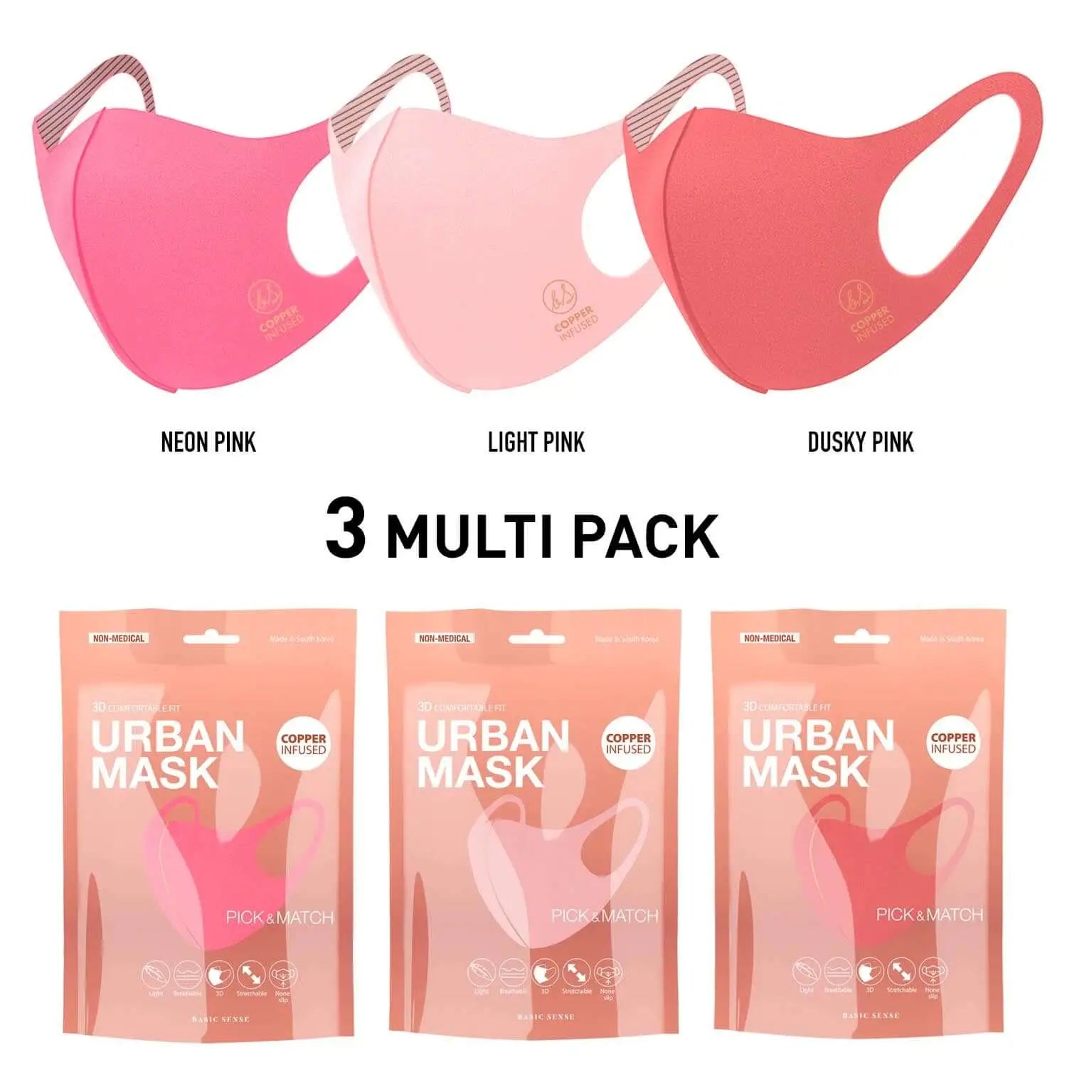 3 pack of copper infused face masks in pink color variations for stylish protection.