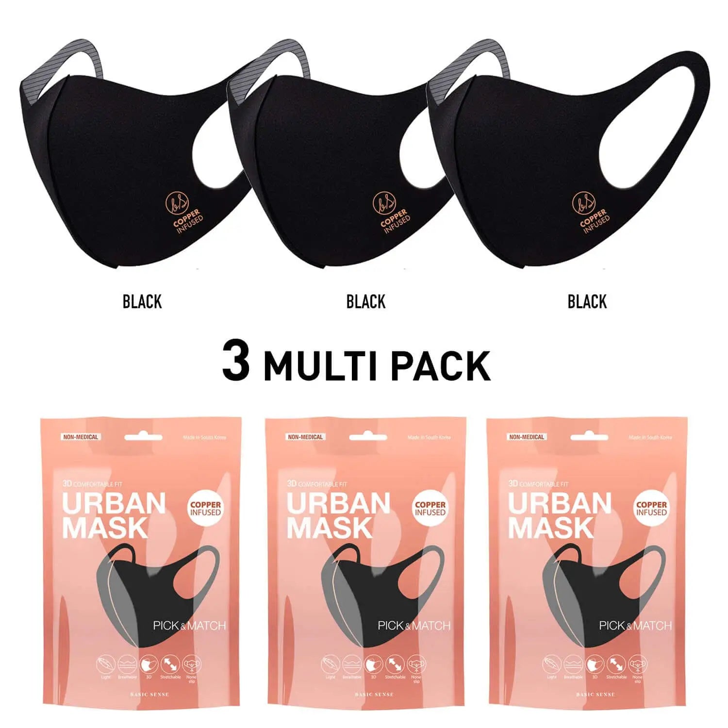 Copper-Infused 3 Pack of Black Face Masks with Filters.