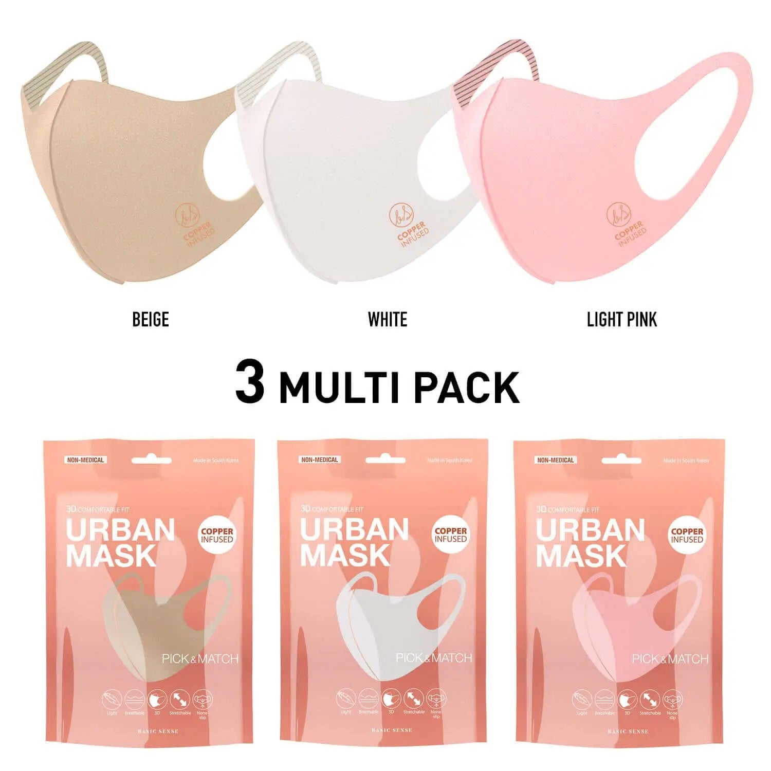 3 pack of 3 masks with 3 different colors from 3D Copper-Infused Face Mask Covering for Stylish Protection.