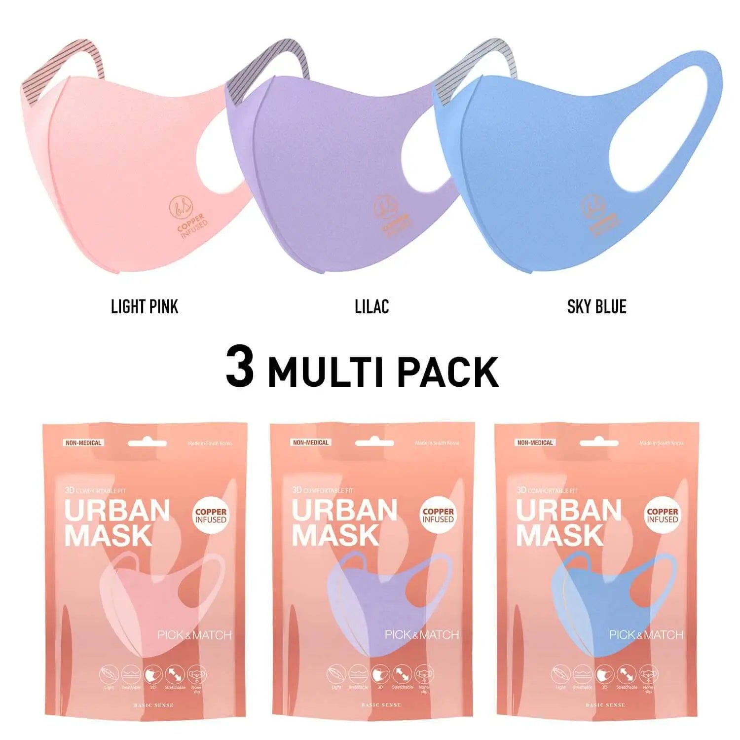 3 pack of 3 copper infused face masks in various colors for stylish protection