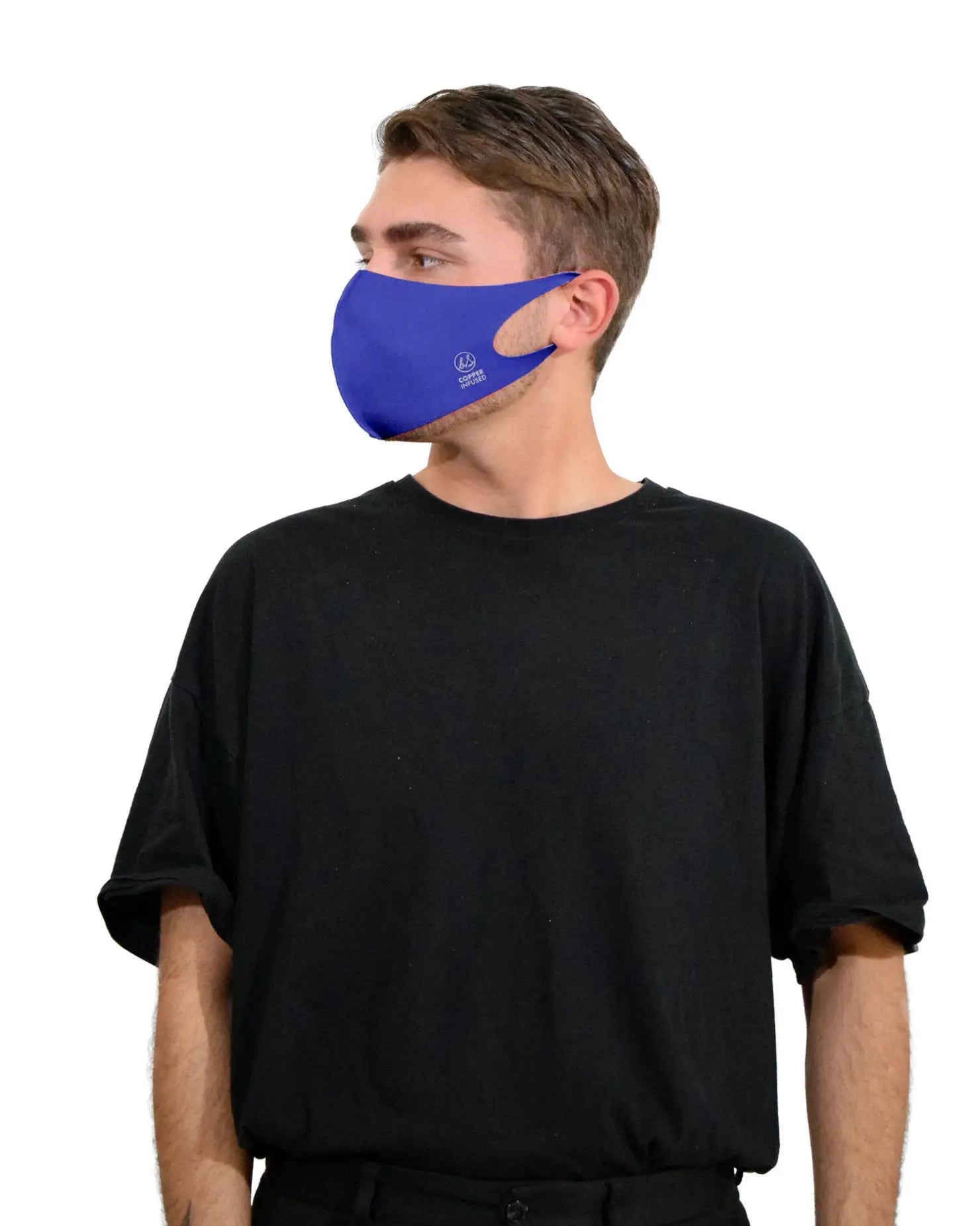 A man wearing a copper-infused blue face mask in 3D design.