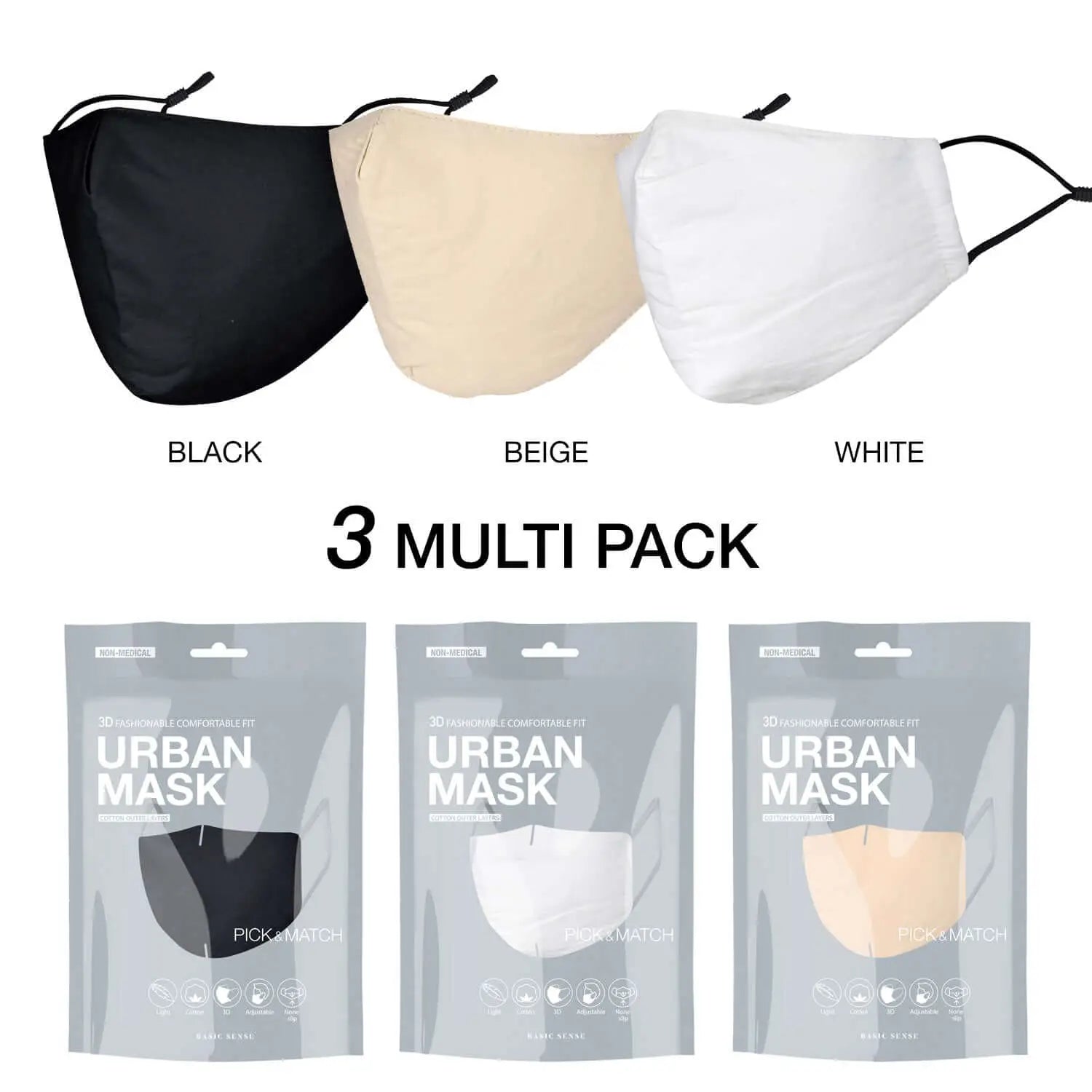 3 pack of cotton fashion face masks in black, white, and beige