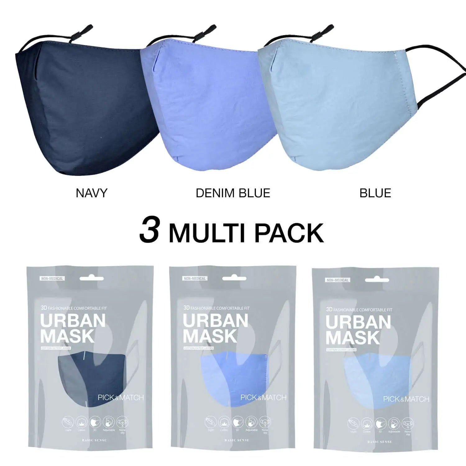 Pack of three cotton fashion face masks in different colors, 3D Design 100% Cotton Fashion Face Mask Covering.