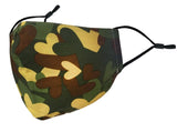 Camouflage cotton fashion face mask with black cord.