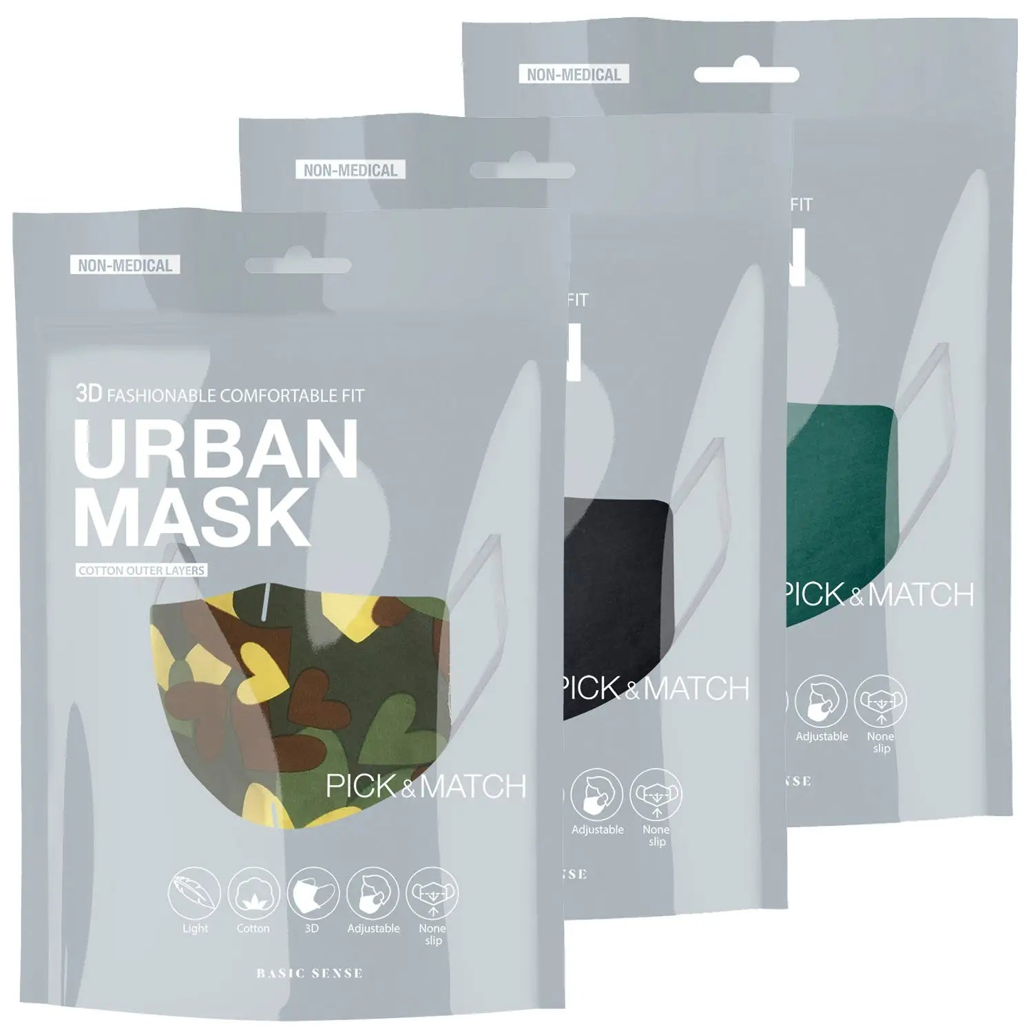 3 pack of urban mask patches displayed in 3D Design 100% Cotton Fashion Face Mask Covering