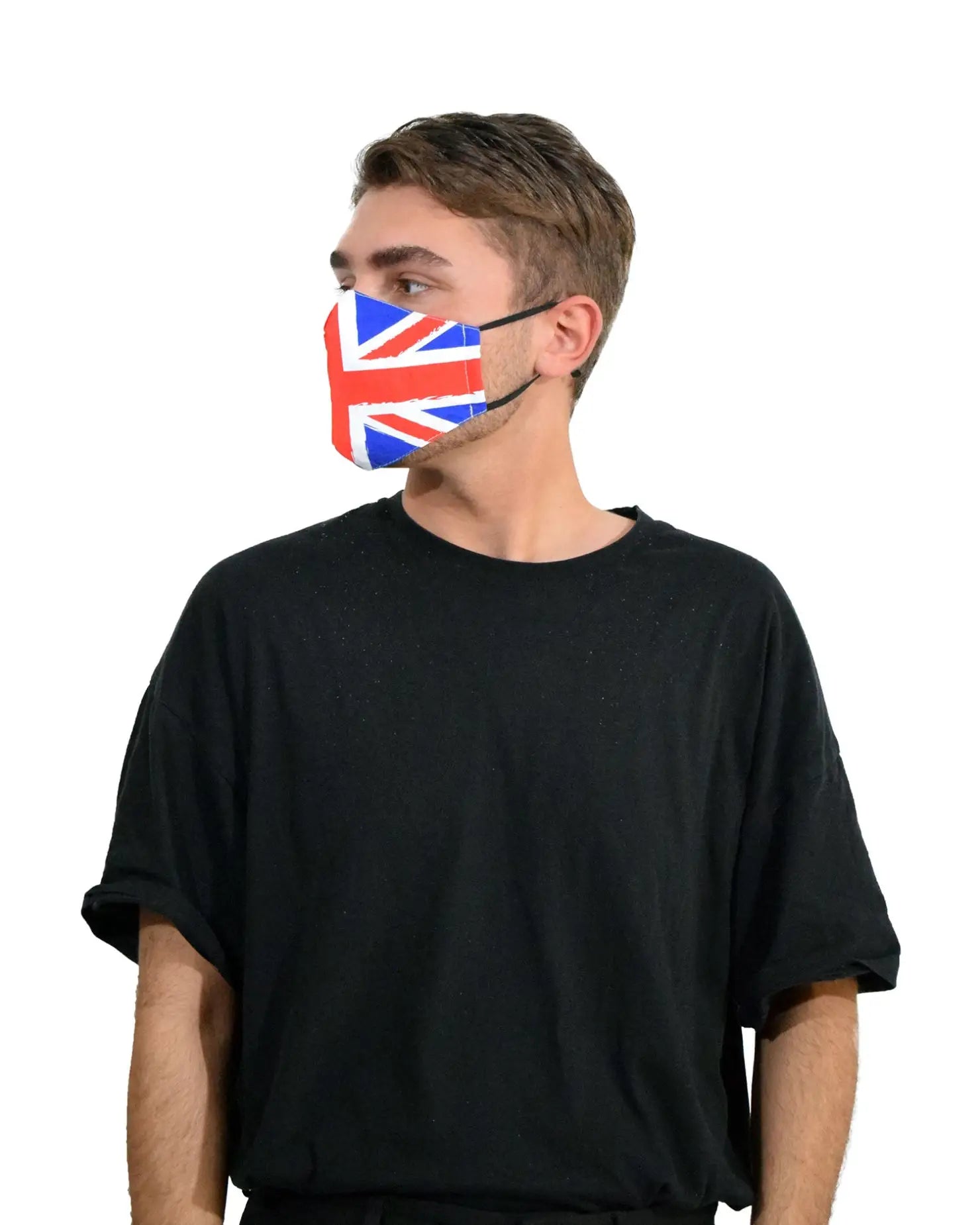 Man wearing British flag face mask from 3D Design 100% Cotton Fashion Face Mask Covering