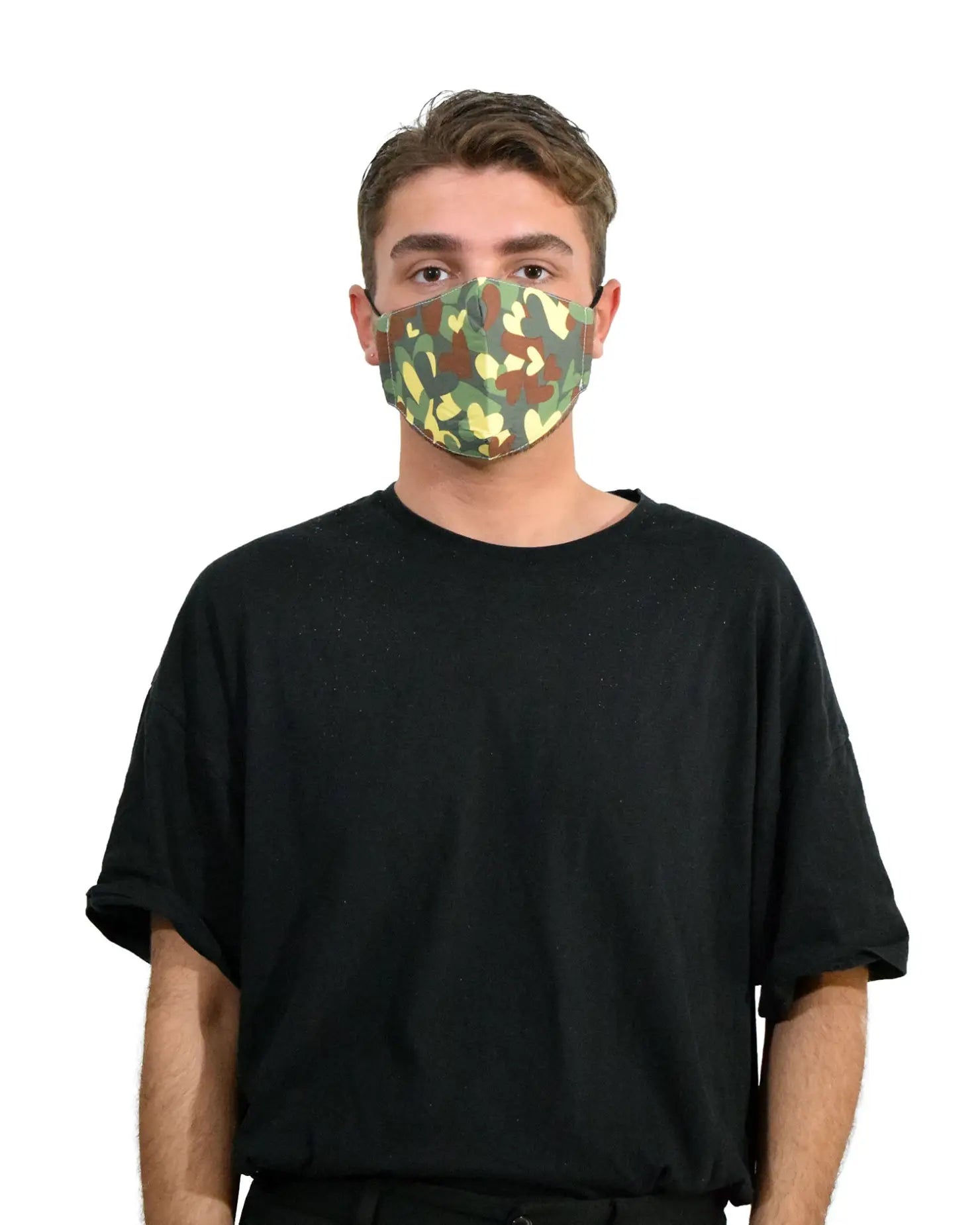 Cotton fashion face mask featuring a man in camouflage mask