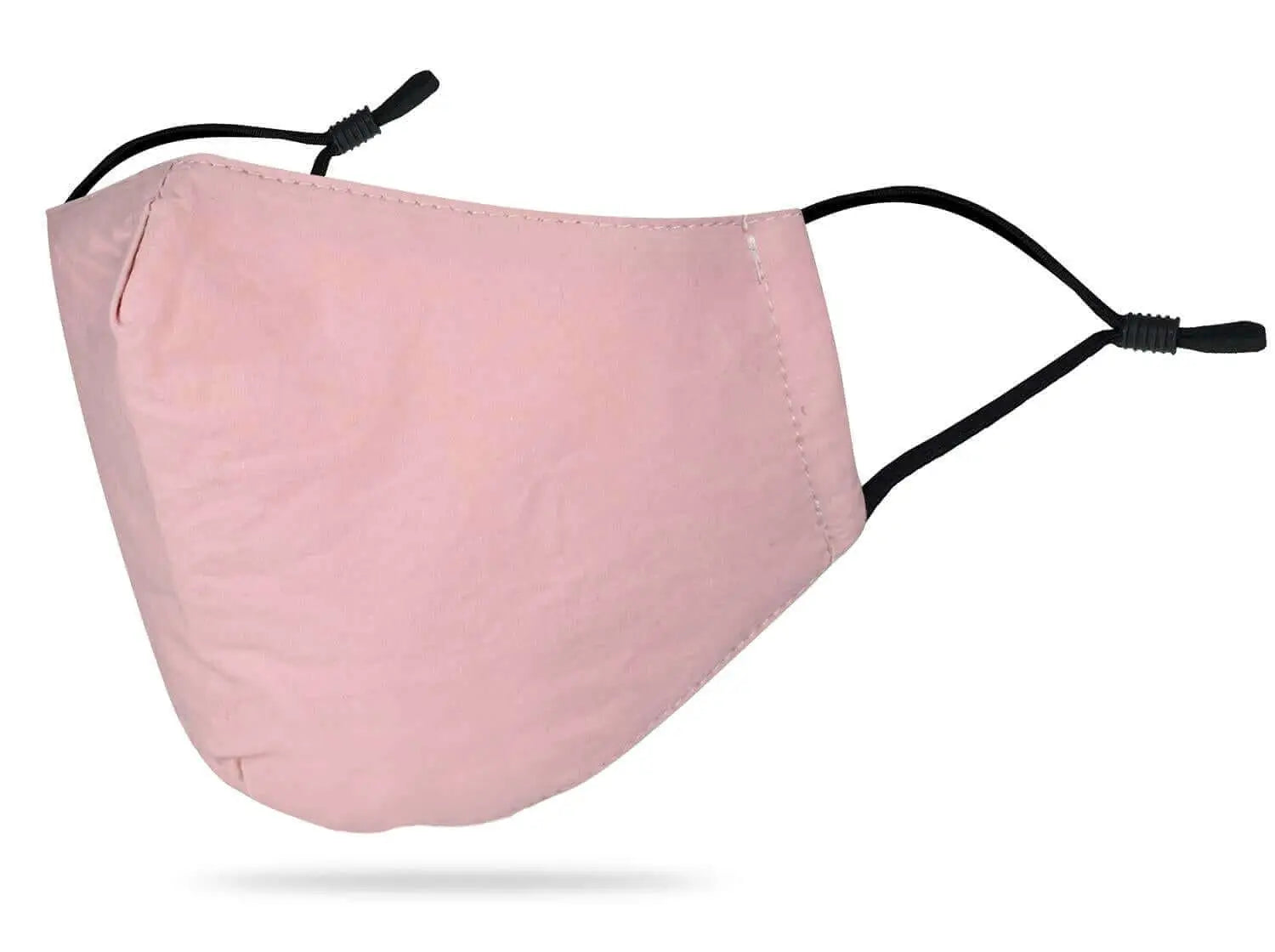 Pink cotton fashion face mask with black elastic straps.