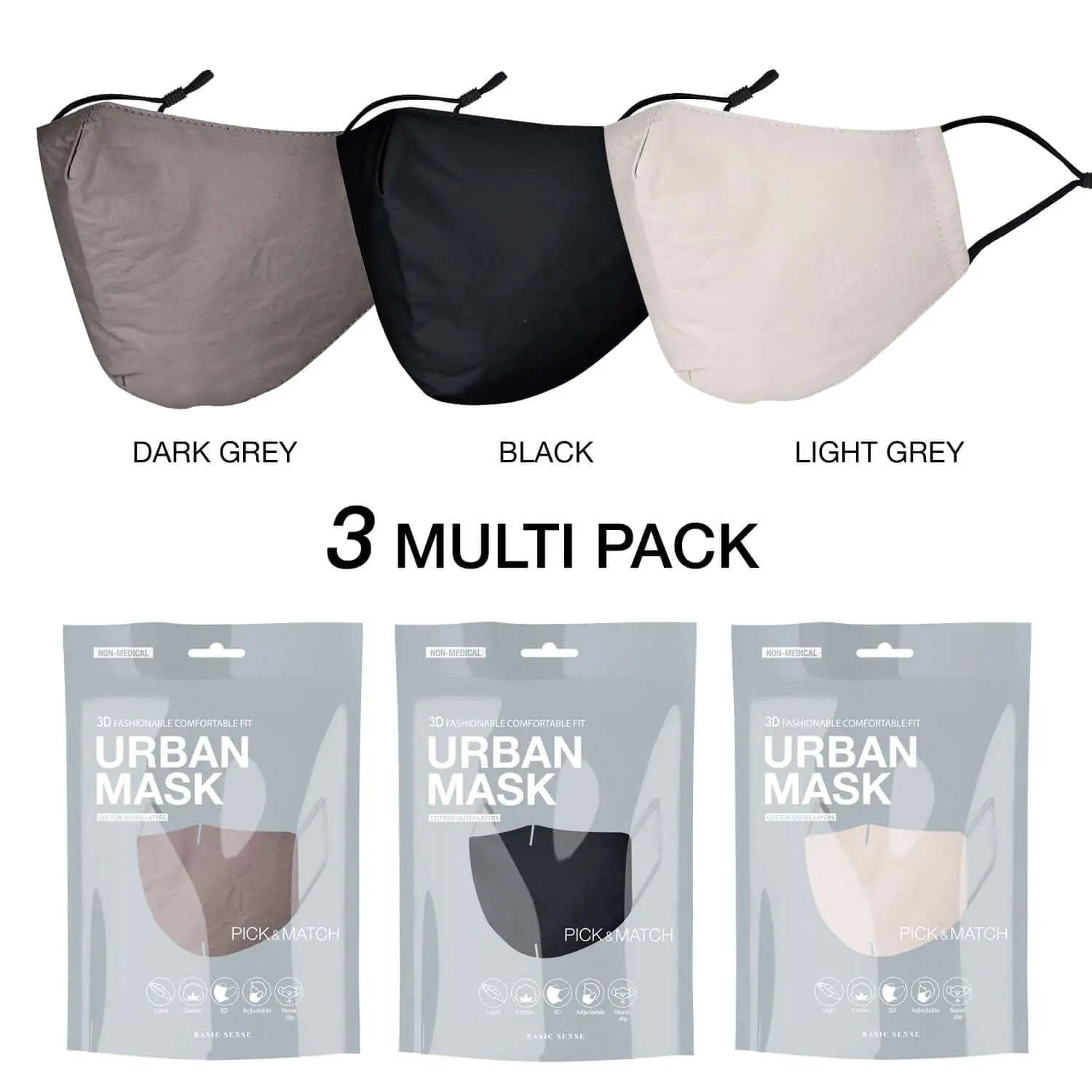 3-pack cotton fashion face masks in black, grey, and light grey colors