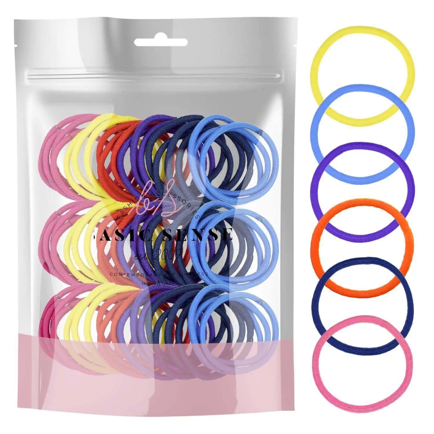 Assorted color hair ties in 3mm soft elastic, 60 pieces
