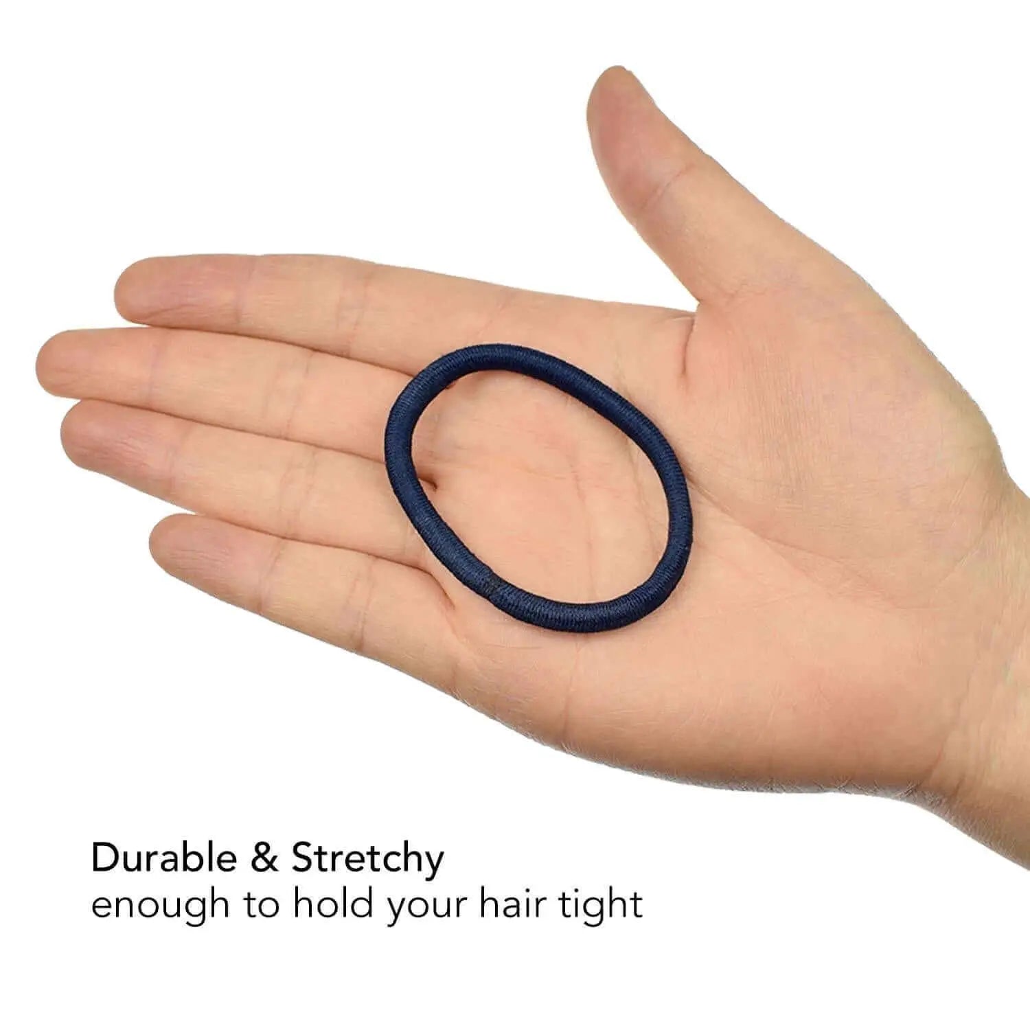 Hand holding blue ring from 3mm soft elastic hair ties product on white background