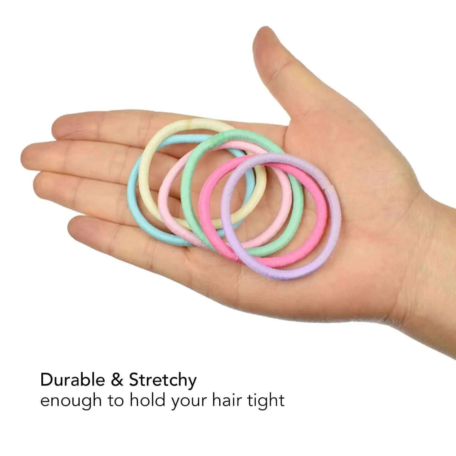 Colorful rubber rings on a hand - 3mm soft elastic hair ties ponytail holders.