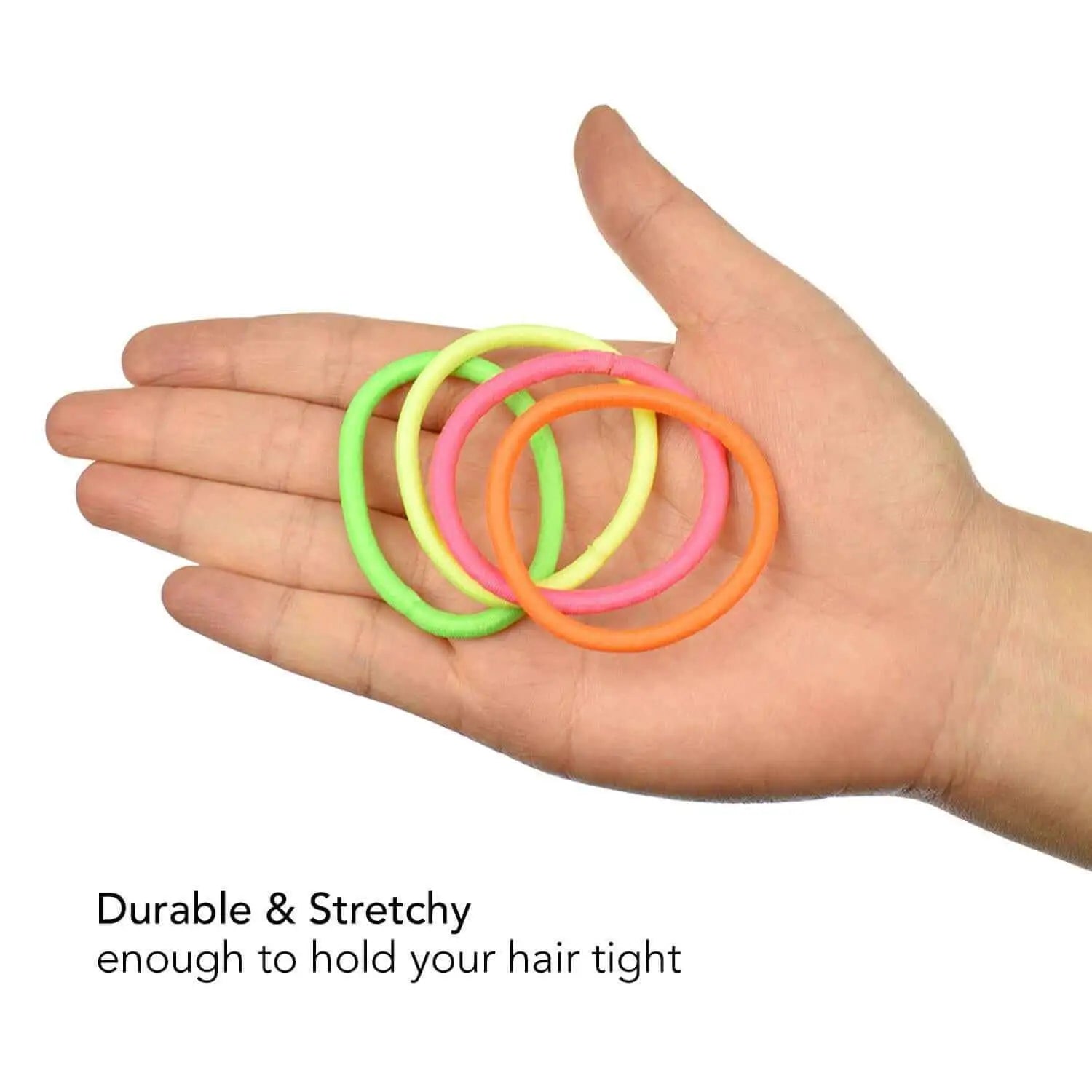 Hand holding three double stretchy 3mm soft elastic hair ties from product named Ponytail Holders - 60 Pieces