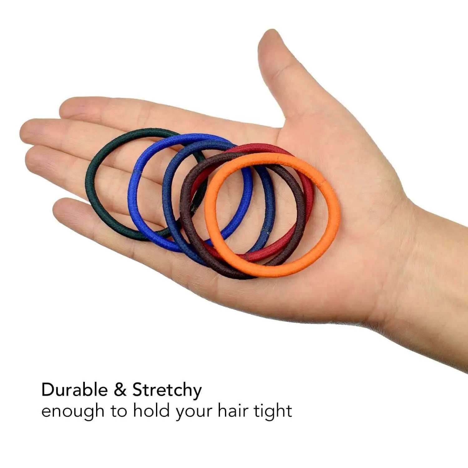 Colorful rubber hair ties in a hand, part of 3mm Soft Elastic Hair Ties, 60 Pieces product.