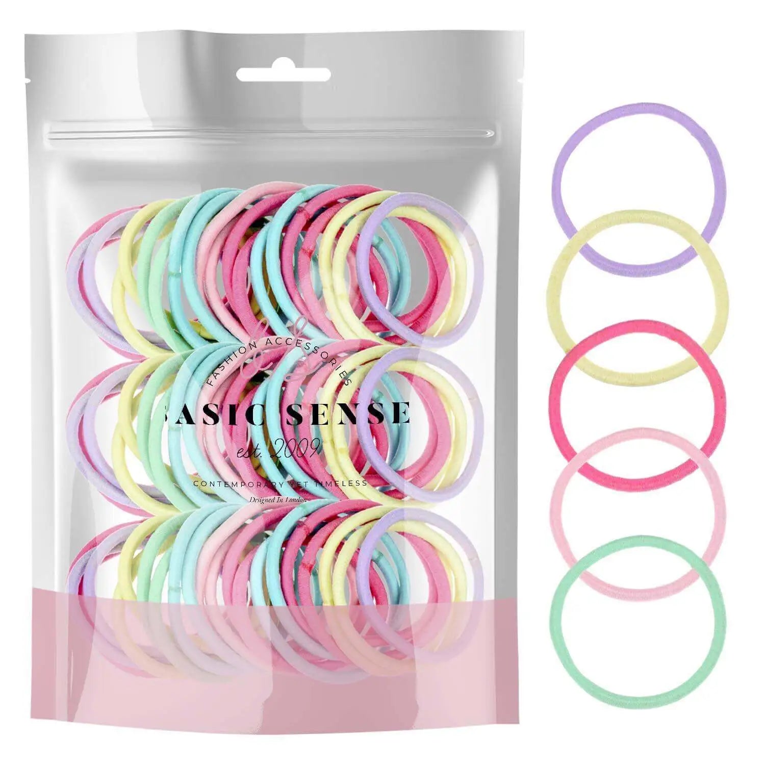 Assorted colored 3mm soft elastic hair ties in bag, white background.