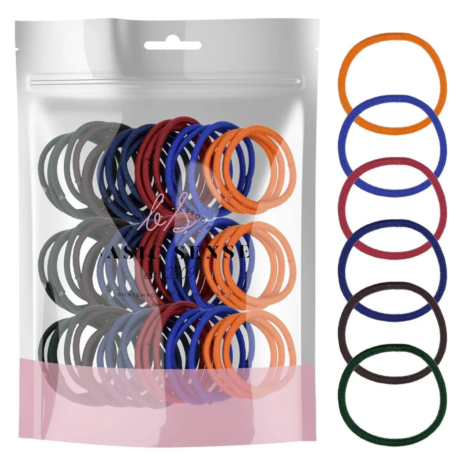 A bag of assorted color hair ties, 60 pieces