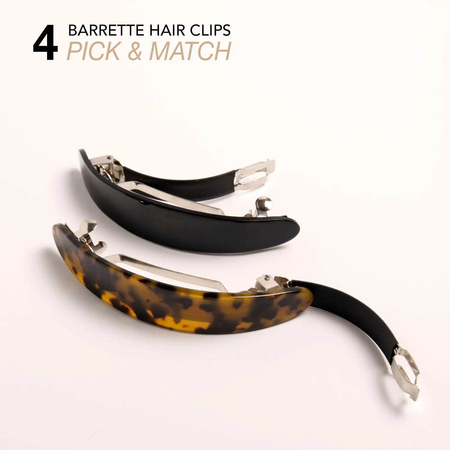 4-piece hair clip set with various types of french barrettes on white background