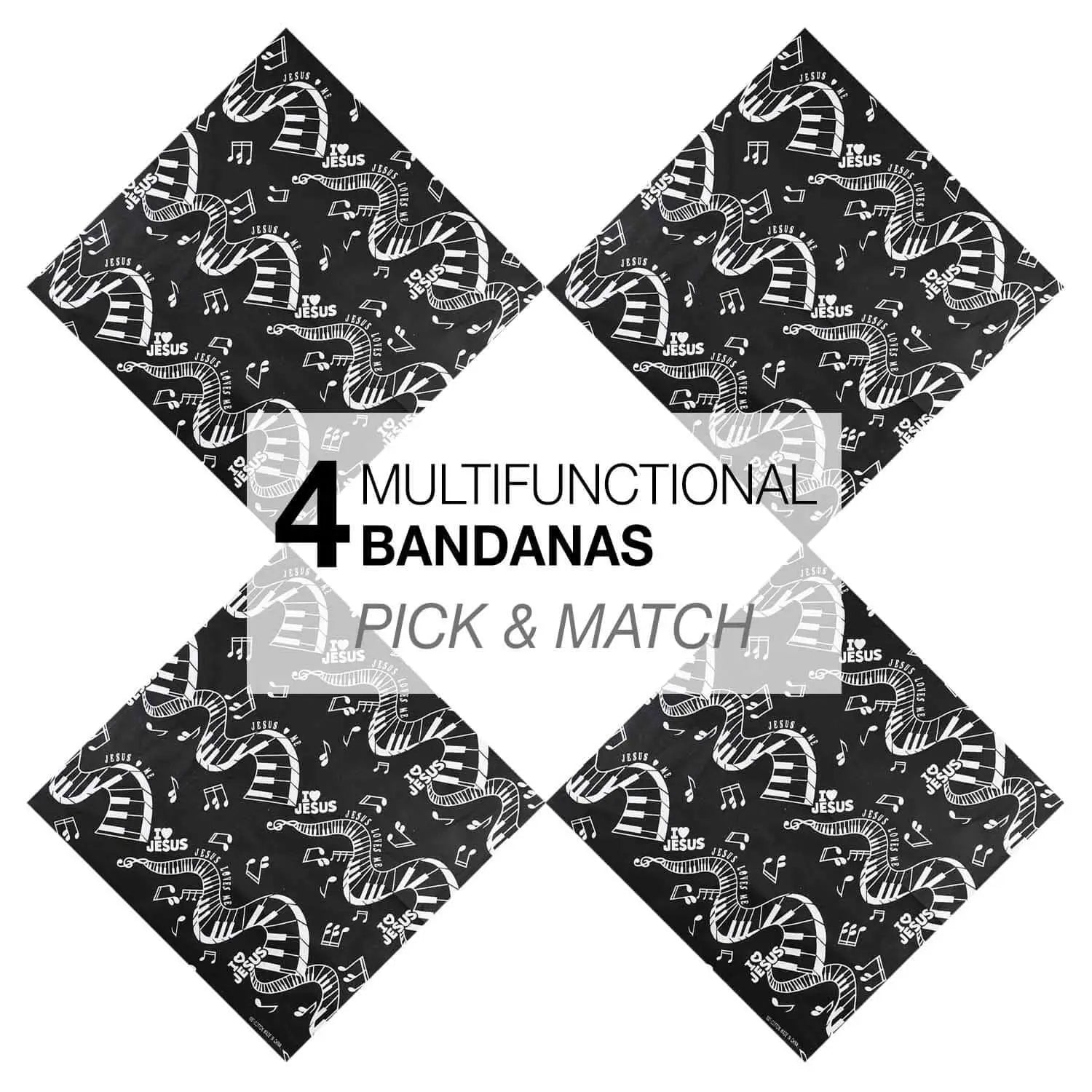 Close-up of four different bandanas with musical clef note designs from 4-Piece Musical Clef Note Cotton Bandana Set.