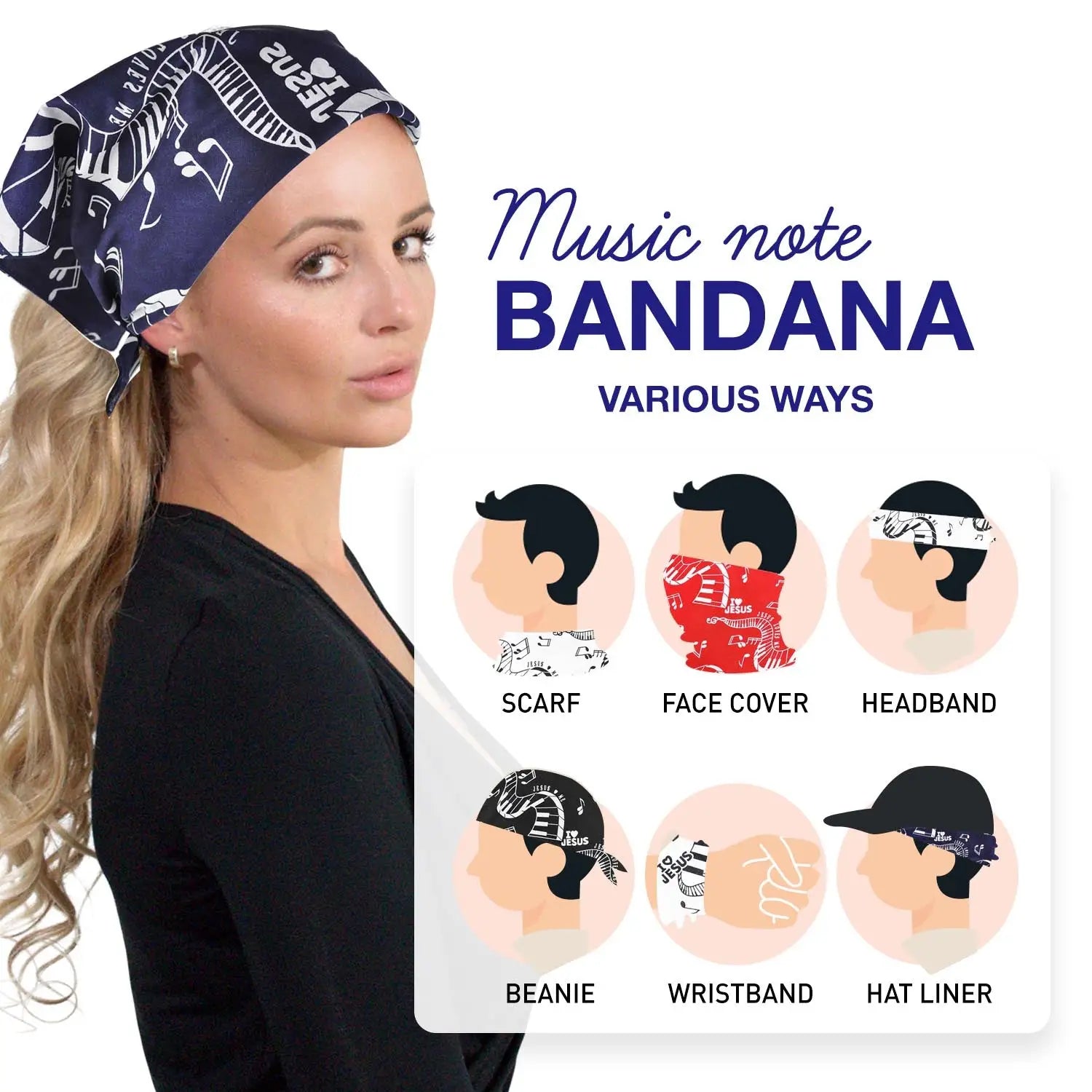 Close up of woman in 4-Piece Musical Clef Note Cotton Bandana Set with various hair types.